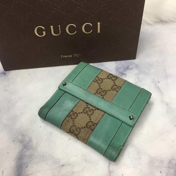 Gucci Handbags - GUCCI mint green leather and GG canvas snap wallet